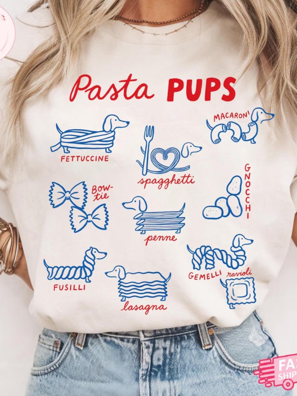 Off White Tee with Blue & Red Pasta Pups Graphic